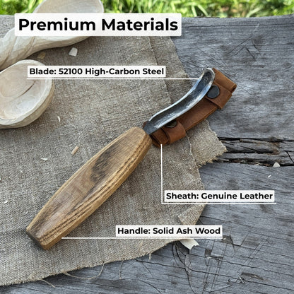 Spoon carving hook knife with long curved blade and wooden handle by Sharky Forged Steel Tools