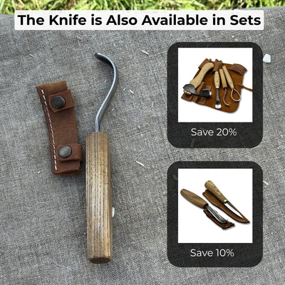 Spoon carving hook knife with long curved blade and wooden handle by Sharky Forged Steel Tools
