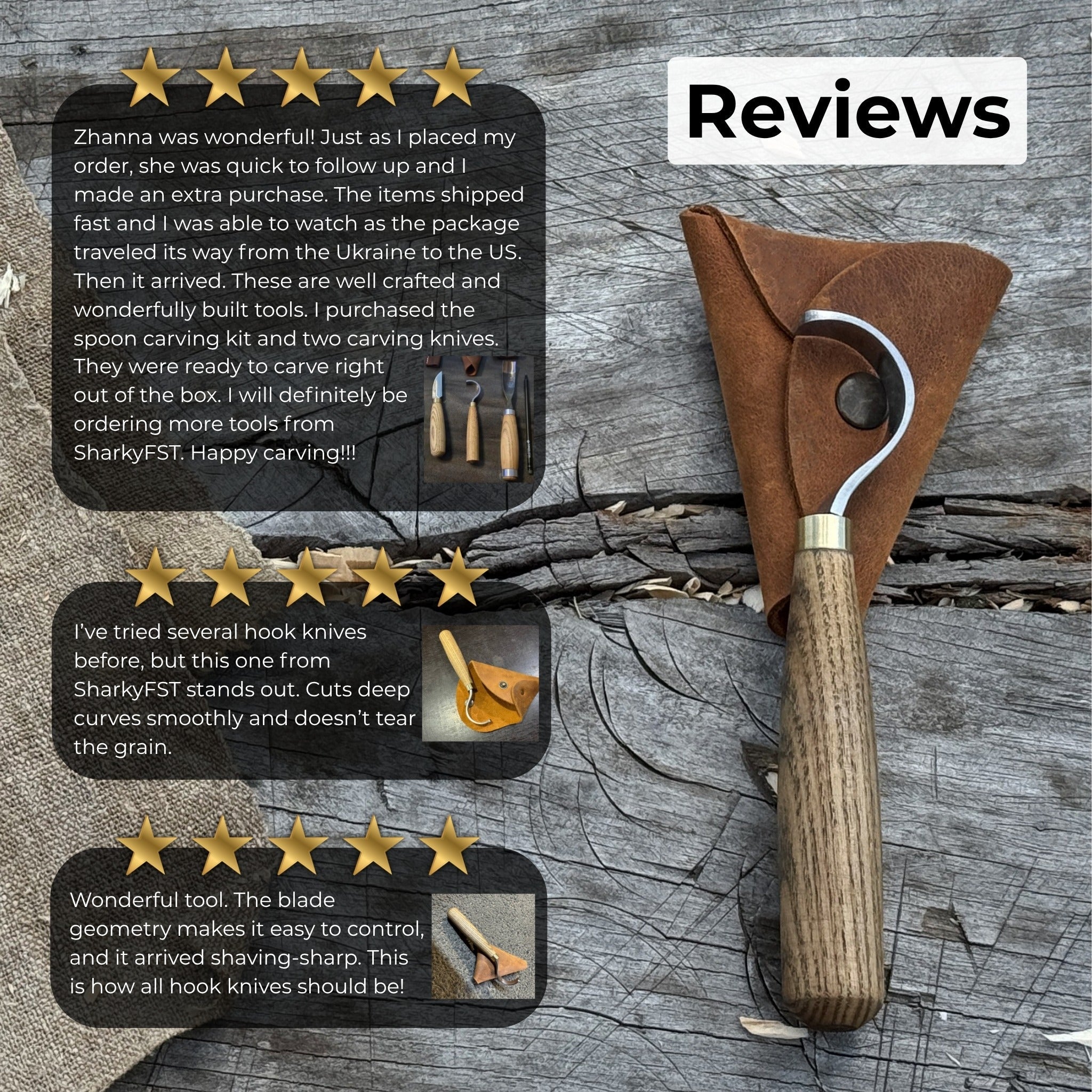 Spoon Carving Hook Knife with curved blade and leather sheath by Sharky Forged Steel Tools