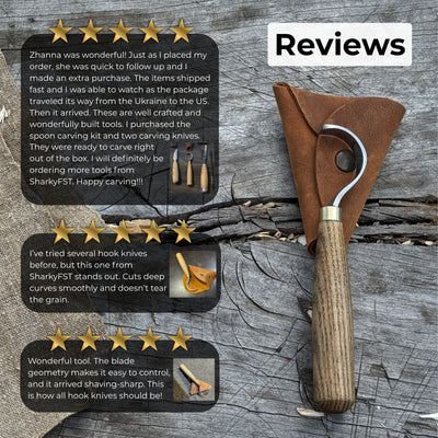Spoon Carving Hook Knife with curved blade and leather sheath by Sharky Forged Steel Tools