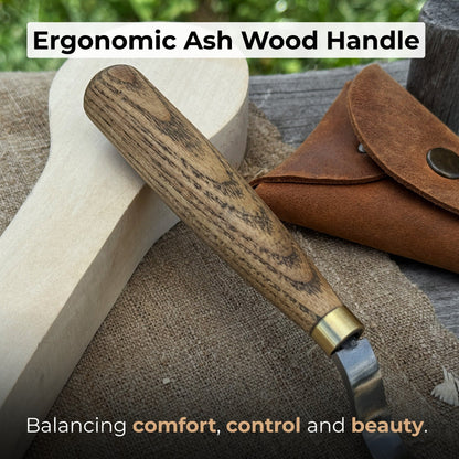 Spoon Carving Hook Knife with curved blade and leather sheath by Sharky Forged Steel Tools