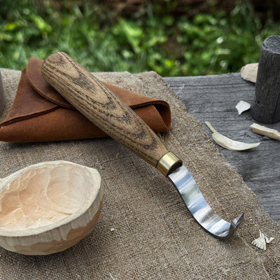 Spoon Carving Hook Knife with curved blade and leather sheath by Sharky Forged Steel Tools