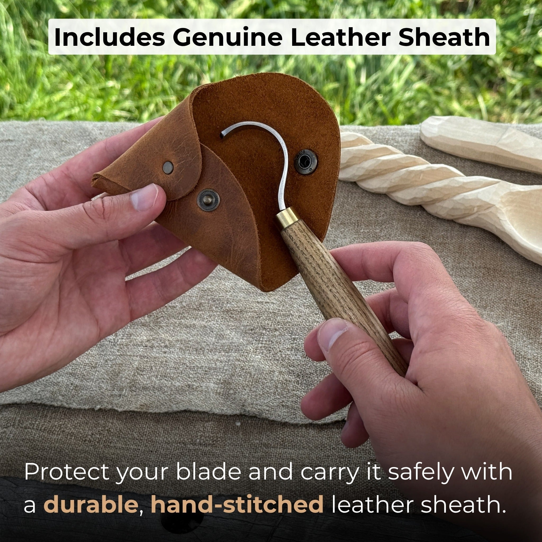 Spoon Carving Hook Knife with curved blade and leather sheath by Sharky Forged Steel Tools