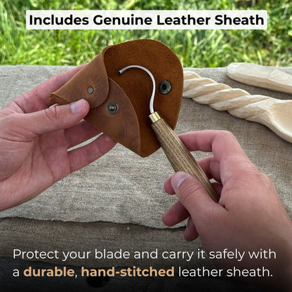 Spoon Carving Hook Knife with curved blade and leather sheath by Sharky Forged Steel Tools