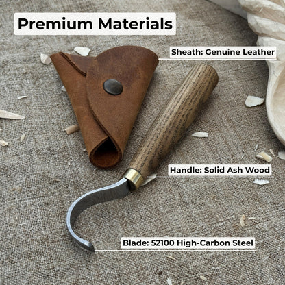 Spoon Carving Hook Knife with curved blade and leather sheath by Sharky Forged Steel Tools