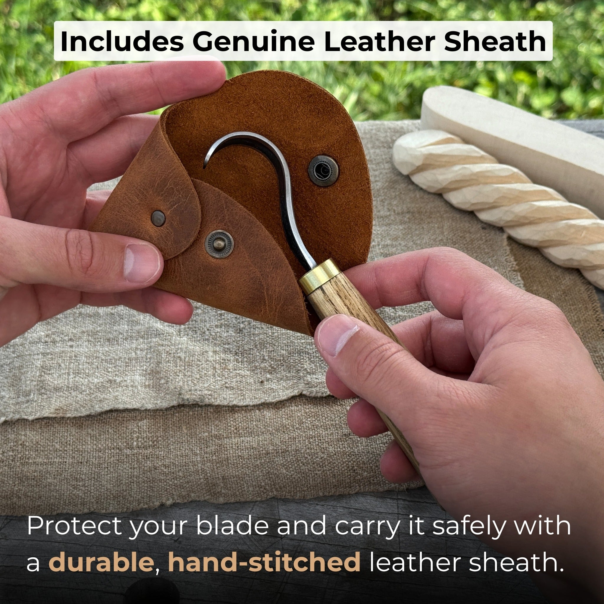 Spoon carving hook knife with curved blade and wooden handle, alongside leather sheath
