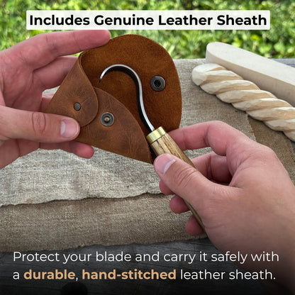 Spoon carving hook knife with curved blade and wooden handle, alongside leather sheath