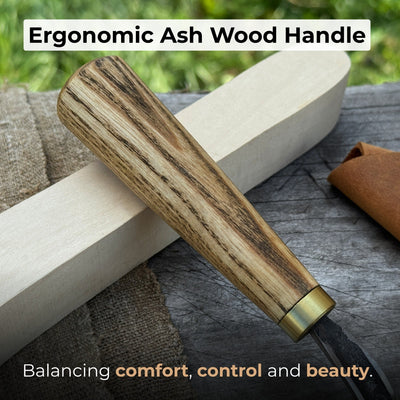 Spoon carving hook knife with curved blade and wooden handle, alongside leather sheath