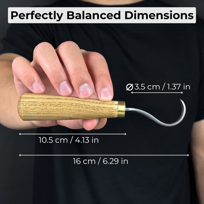 Spoon carving hook knife with curved blade and wooden handle, alongside leather sheath