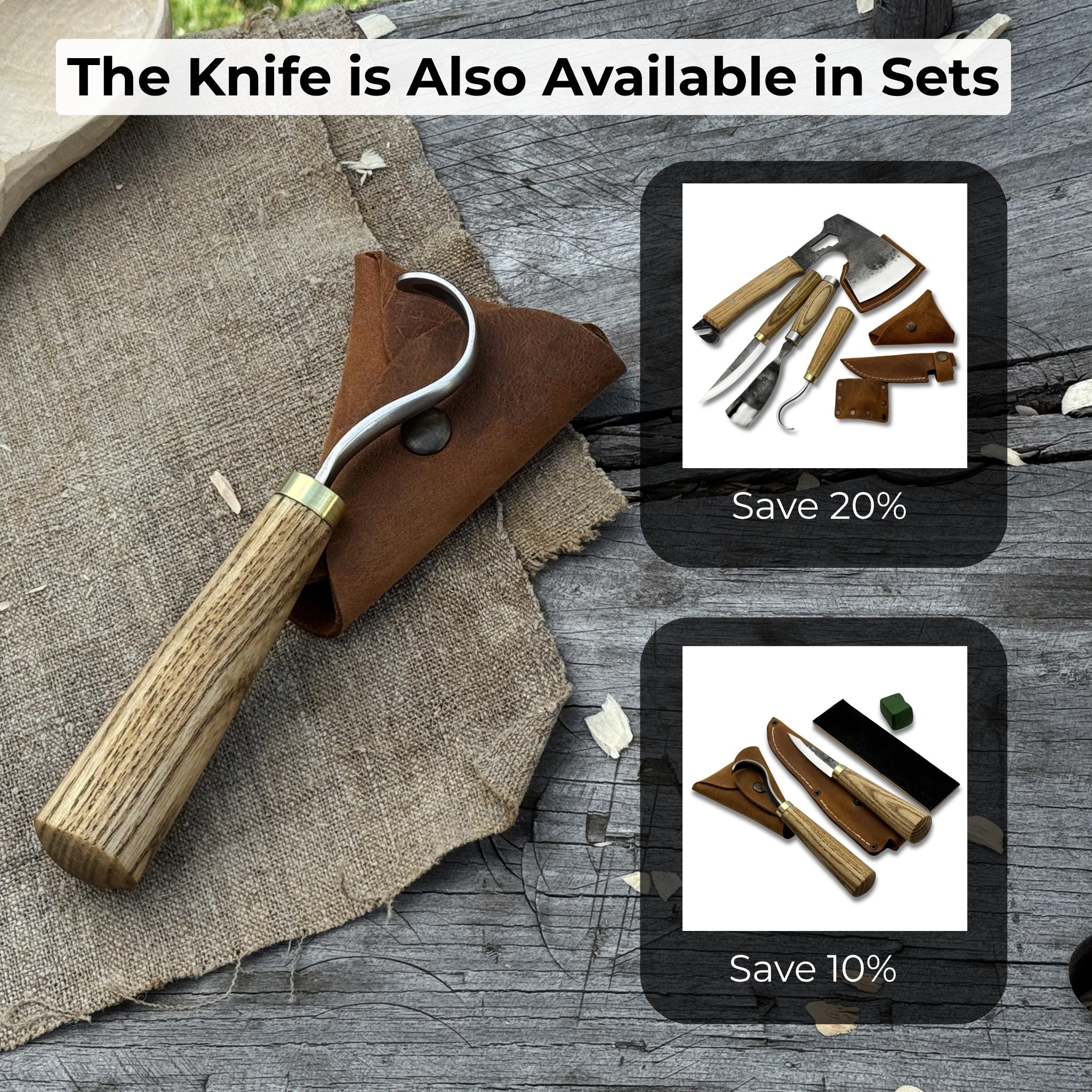 Spoon carving hook knife with curved blade and wooden handle, alongside leather sheath