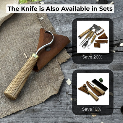 Spoon carving hook knife with curved blade and wooden handle, alongside leather sheath
