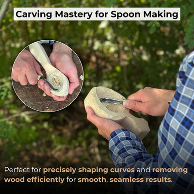 Spoon carving hook knife with curved blade and wooden handle, alongside leather sheath