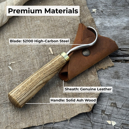 Spoon carving hook knife with curved blade and wooden handle, alongside leather sheath