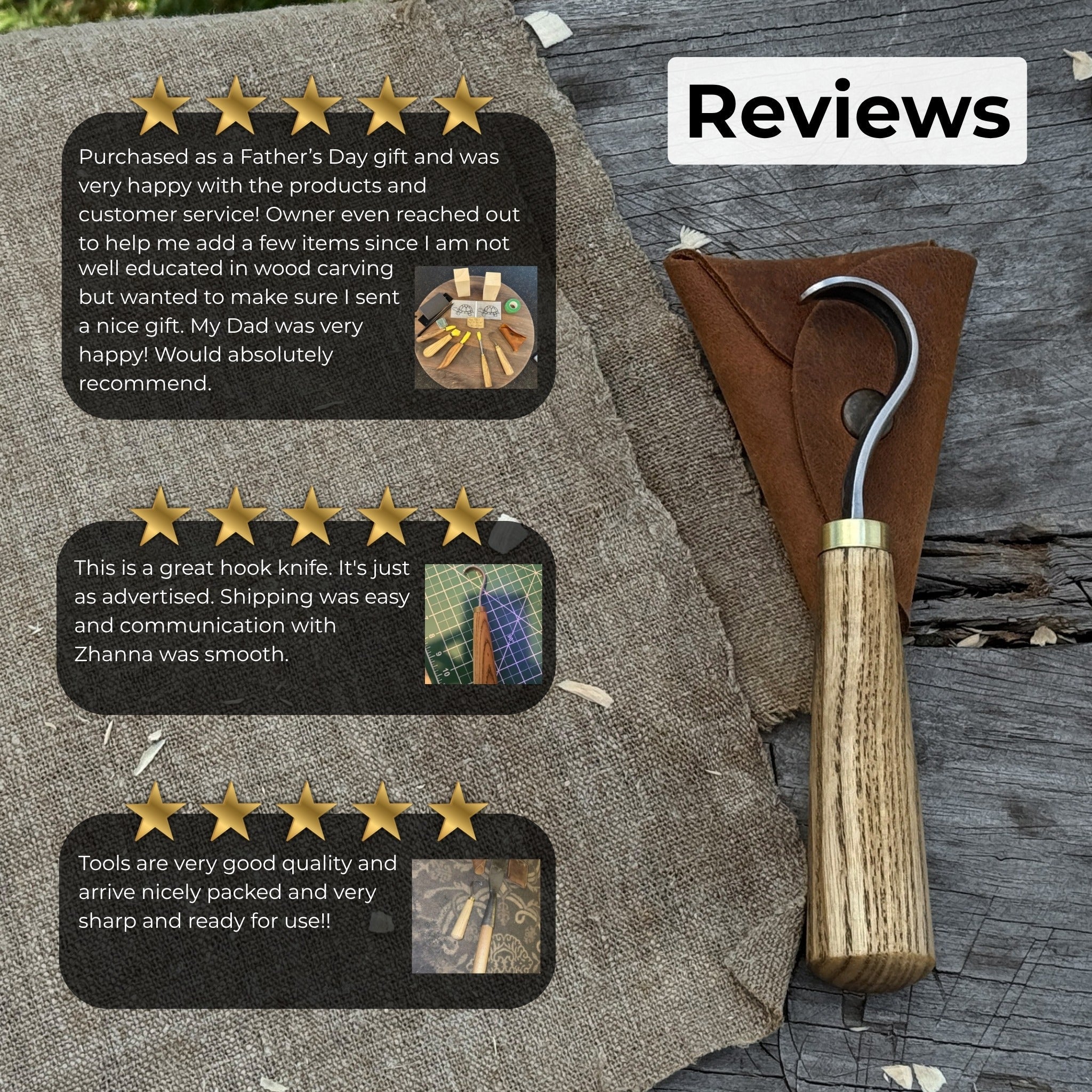 Spoon carving hook knife with curved blade and wooden handle, alongside leather sheath