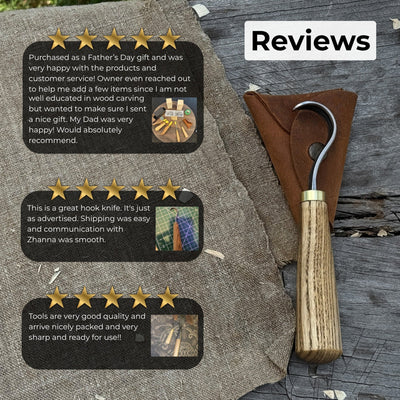 Spoon carving hook knife with curved blade and wooden handle, alongside leather sheath