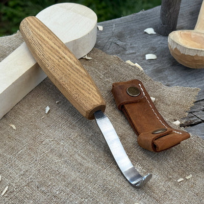 Spoon carving hook knife with octagonal ash wood handle and leather sheath