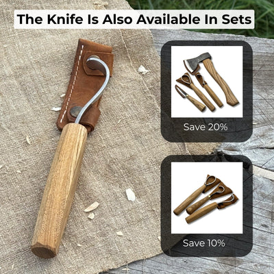 Spoon carving hook knife with octagonal ash wood handle and leather sheath