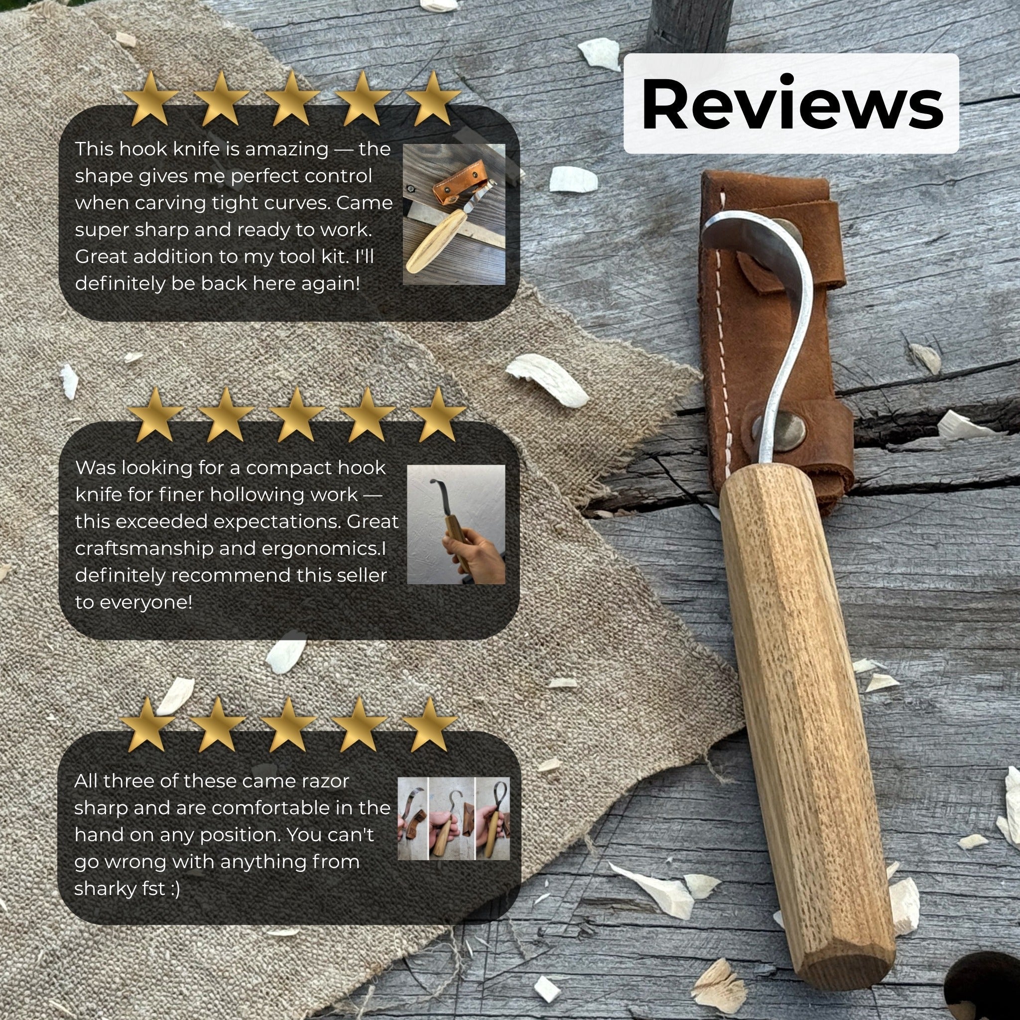 Spoon carving hook knife with octagonal ash wood handle and leather sheath
