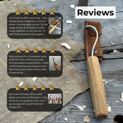 Spoon carving hook knife with octagonal ash wood handle and leather sheath
