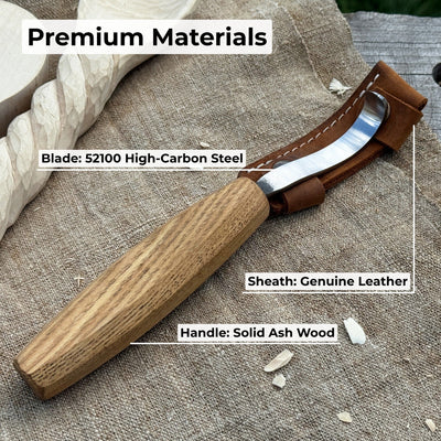 Spoon carving hook knife with octagonal ash wood handle and leather sheath