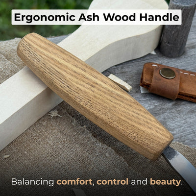 Spoon carving hook knife with octagonal ash wood handle and leather sheath