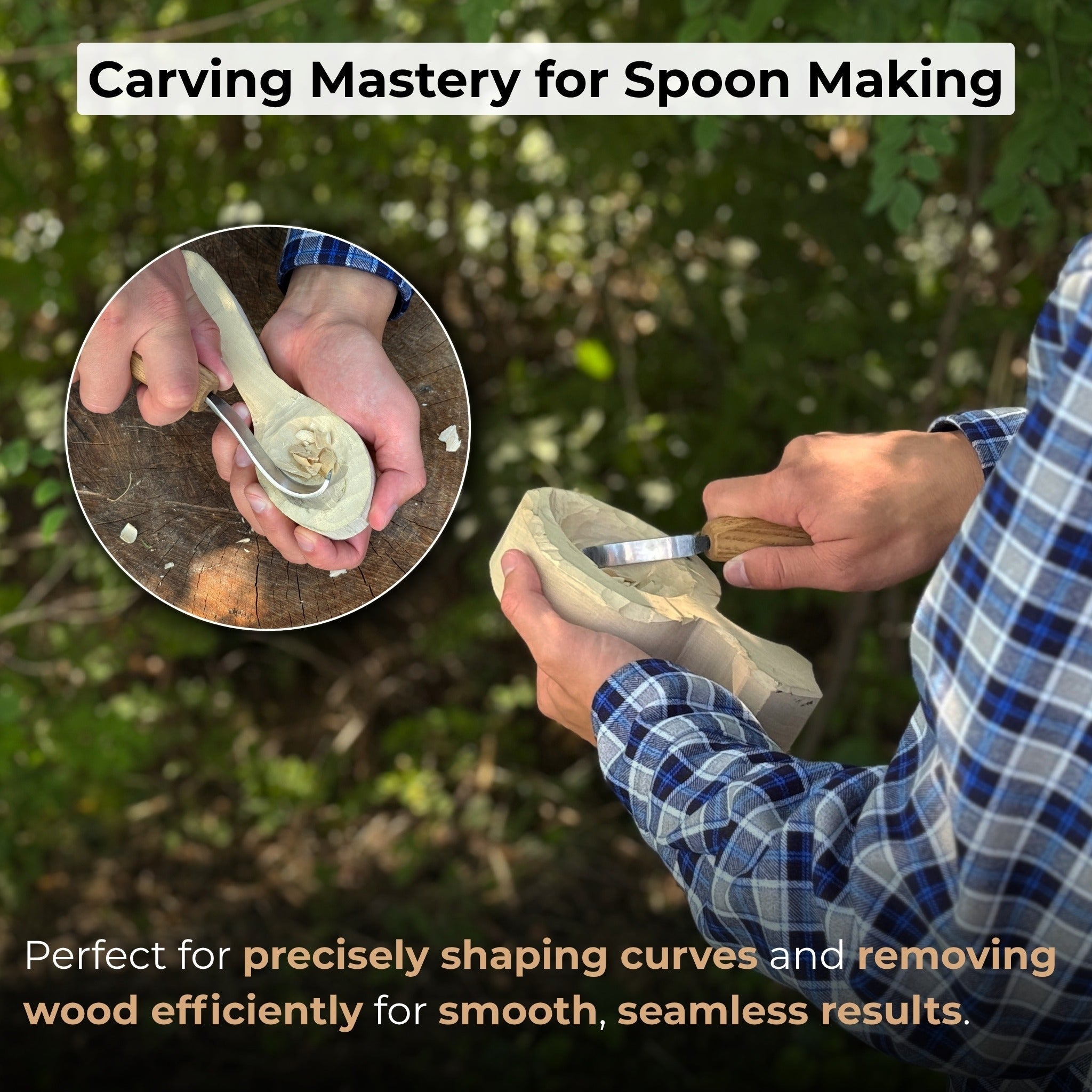 Spoon carving hook knife with octagonal ash wood handle and leather sheath