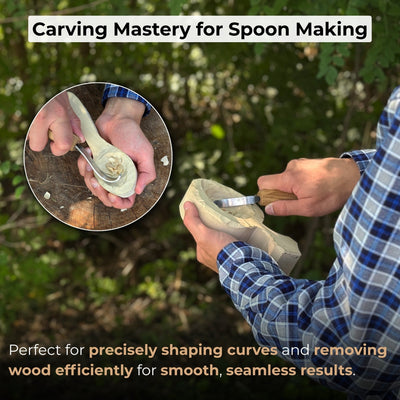 Spoon carving hook knife with octagonal ash wood handle and leather sheath