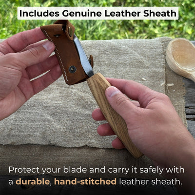 Spoon carving hook knife with octagonal ash wood handle and leather sheath