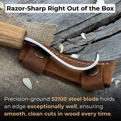 Spoon carving hook knife with octagonal ash wood handle and leather sheath