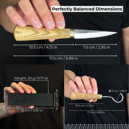 Spoon Carving Kit with wood carving knives, wooden blanks, sandpaper, and sharpening tools