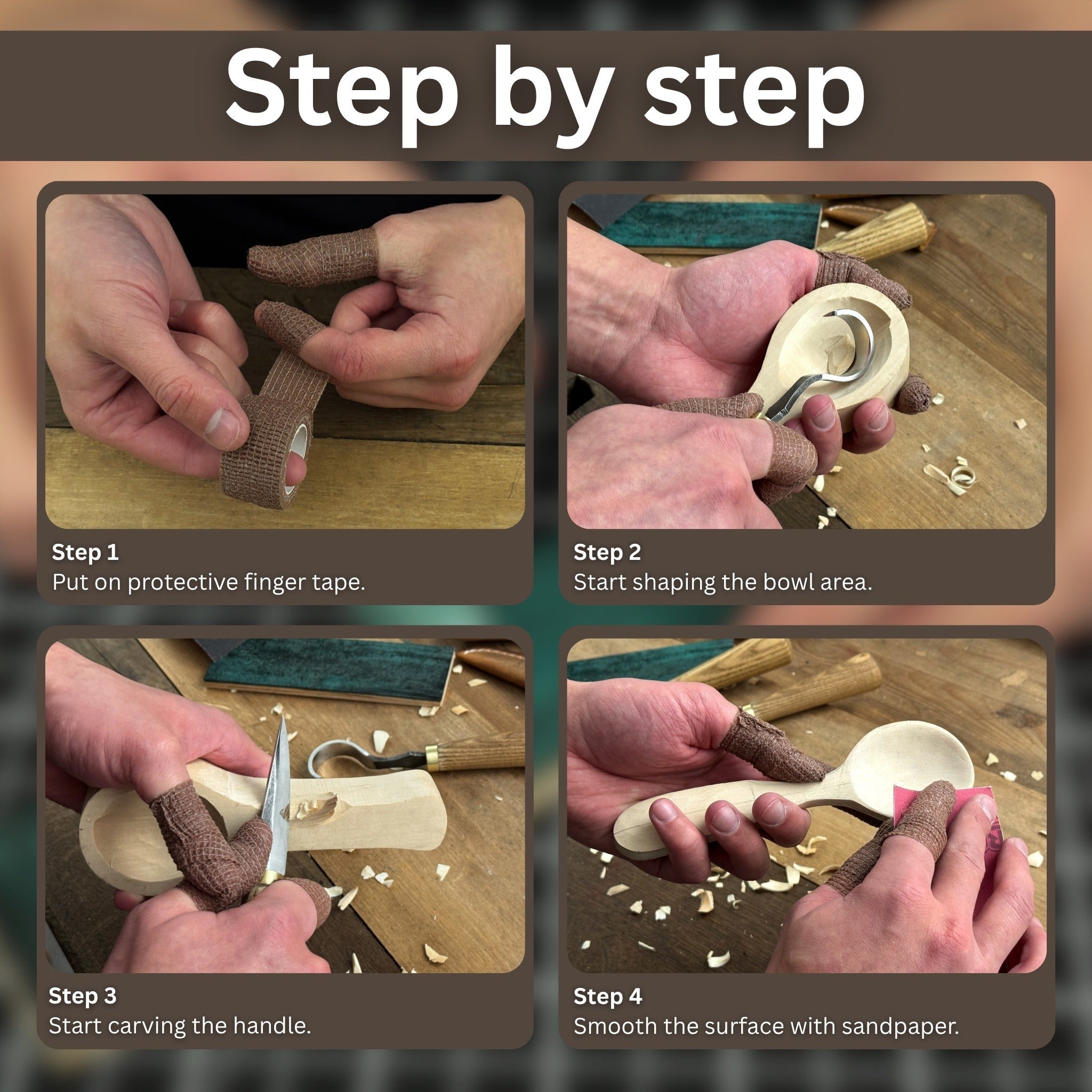 Spoon Carving Kit with wood carving knives, wooden blanks, sandpaper, and sharpening tools