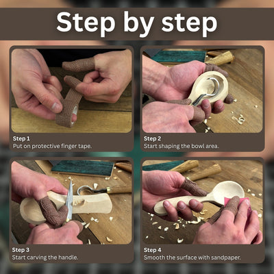 Spoon Carving Kit with wood carving knives, wooden blanks, sandpaper, and sharpening tools