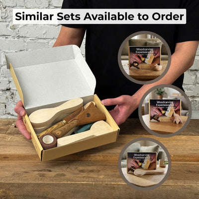 Spoon Carving Kit with wood carving knives, wooden blanks, sandpaper, and sharpening tools