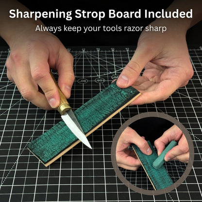 Spoon Carving Kit with wood carving knives, wooden blanks, sandpaper, and sharpening tools