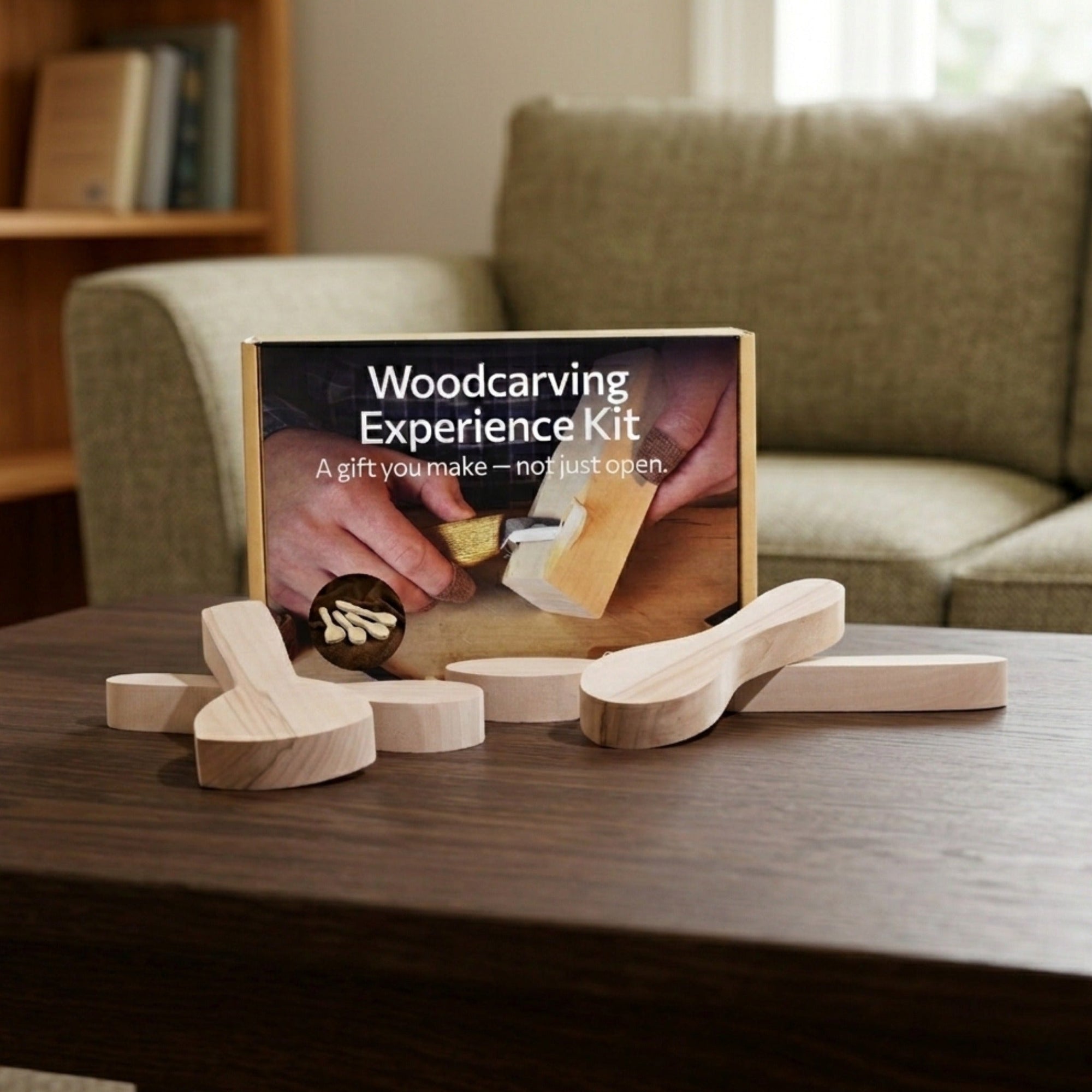 Spoon Carving Kit with wood carving knives, wooden blanks, sandpaper, and sharpening tools