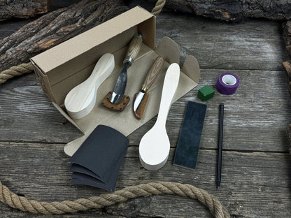 Complete Spoon Carving Kit with wood blanks, hand-forged tools, sandpaper, and accessories