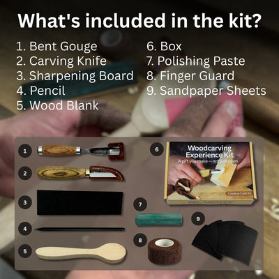 Complete Spoon Carving Kit with bent gouge, whittling knife, wooden blank, sandpaper, sharpening board, pencil, and finger wrap