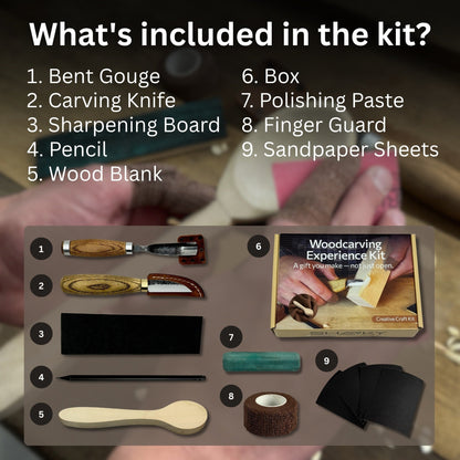 Complete Spoon Carving Kit with bent gouge, whittling knife, wooden blank, sandpaper, sharpening board, pencil, and finger wrap