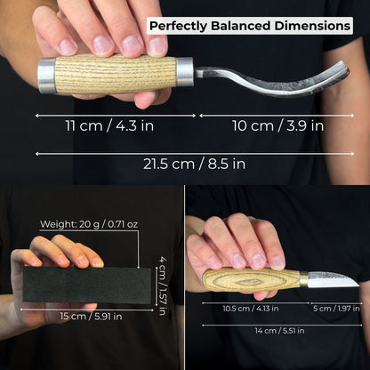 Complete Spoon Carving Kit with bent gouge, whittling knife, wooden blank, sandpaper, sharpening board, pencil, and finger wrap