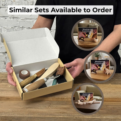 Complete Spoon Carving Kit with bent gouge, whittling knife, wooden blank, sandpaper, sharpening board, pencil, and finger wrap
