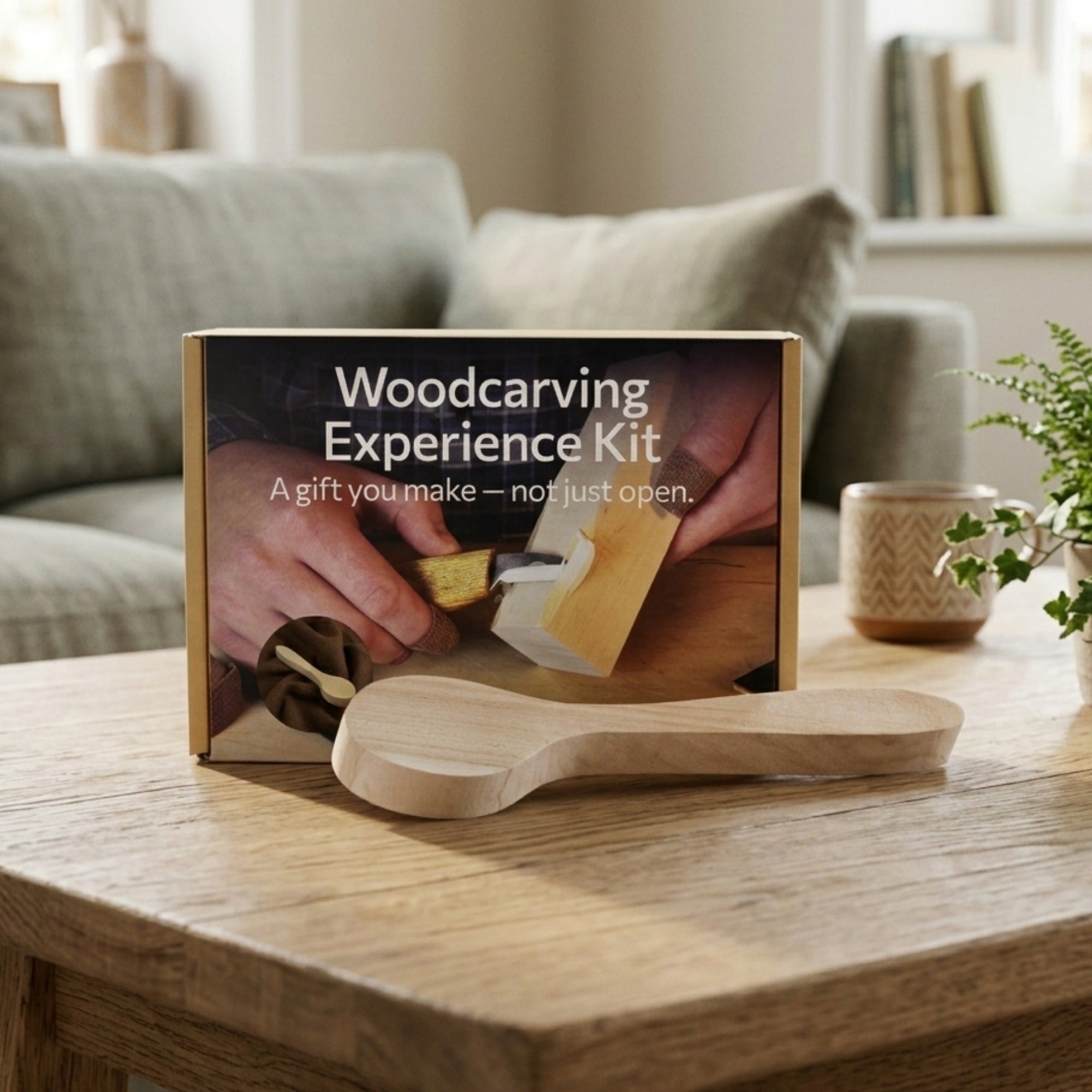 Complete Spoon Carving Kit with bent gouge, whittling knife, wooden blank, sandpaper, sharpening board, pencil, and finger wrap
