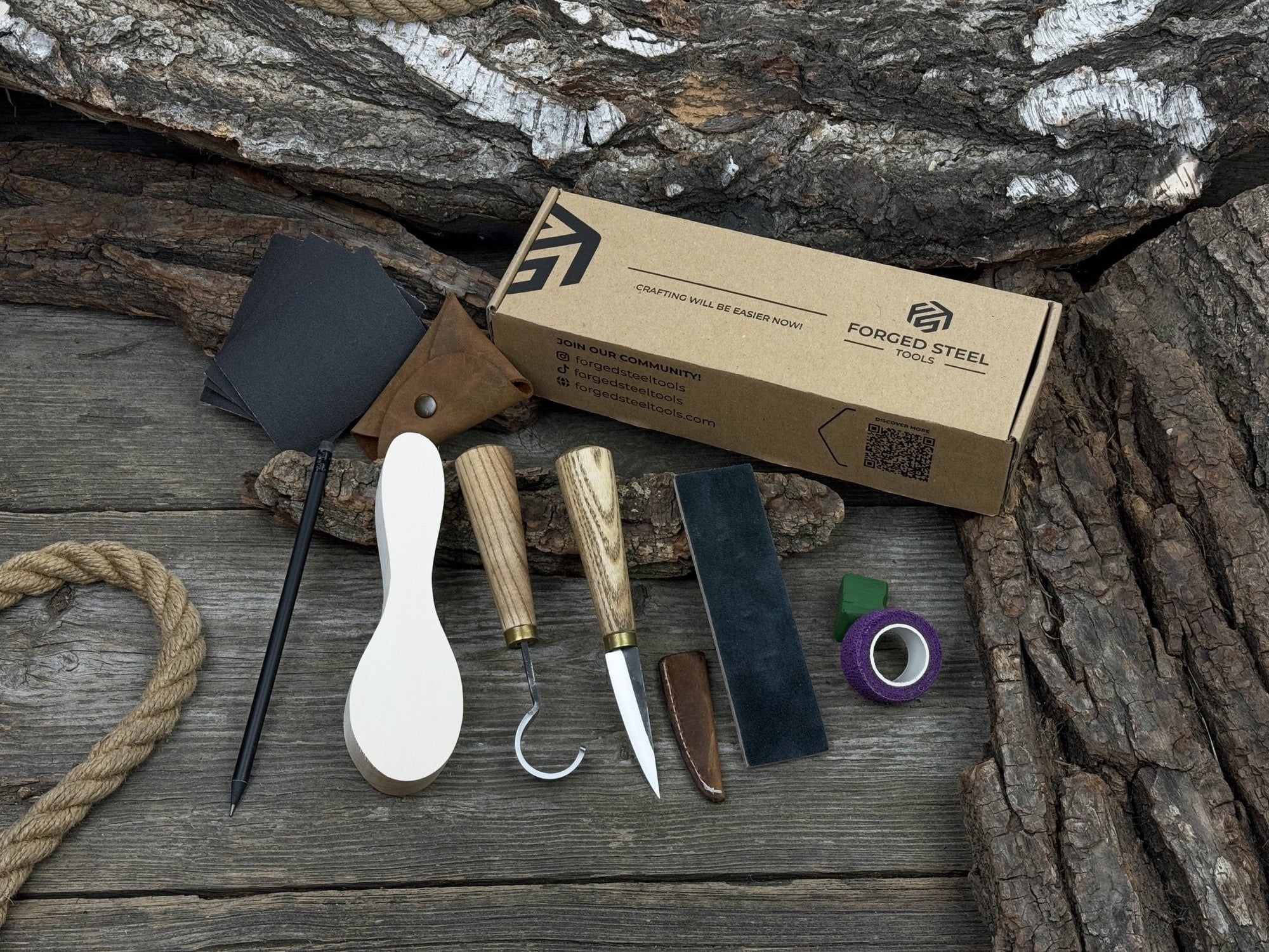 Spoon Carving Kit for Beginners with knives, wooden blank, sandpaper, and sharpening board