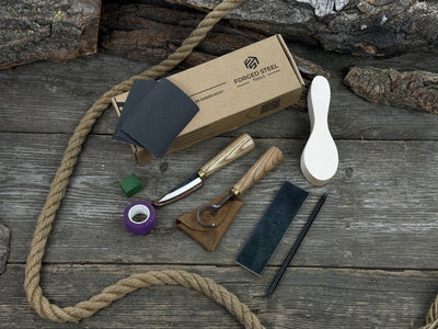 Spoon Carving Kit for Beginners with knives, wooden blank, sandpaper, and sharpening board
