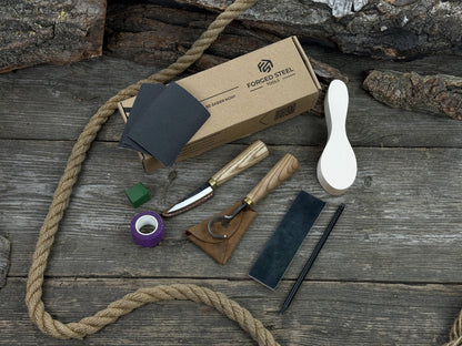 Spoon Carving Kit for Beginners with knives, wooden blank, sandpaper, and sharpening board