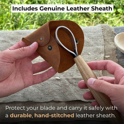 Spoon Carving Scorp Knife with curved blade and ash wood handle by Sharky Forged Steel Tools