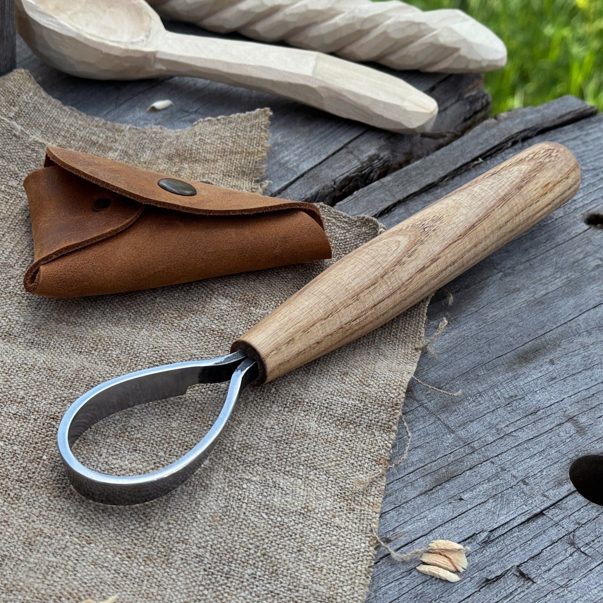 Spoon Carving Scorp Knife with curved blade and ash wood handle by Sharky Forged Steel Tools