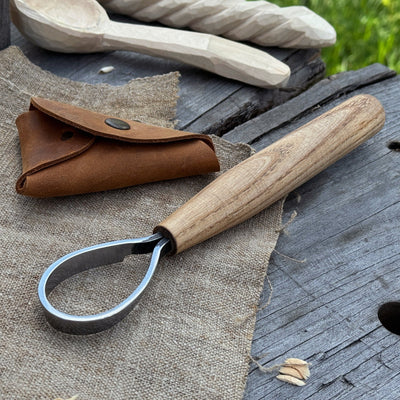 Spoon Carving Scorp Knife with curved blade and ash wood handle by Sharky Forged Steel Tools