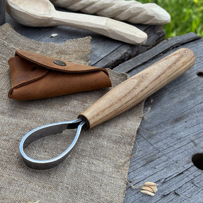 Spoon Carving Scorp Knife with curved blade and ash wood handle by Sharky Forged Steel Tools