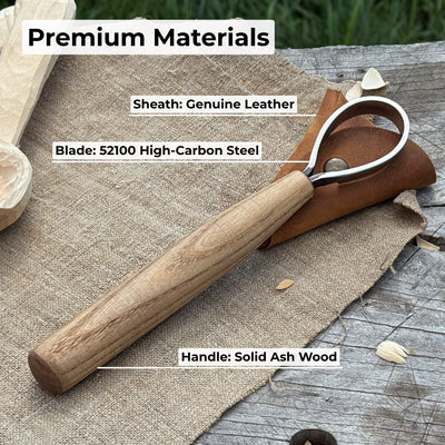Spoon Carving Scorp Knife with curved blade and ash wood handle by Sharky Forged Steel Tools