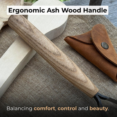 Spoon Carving Scorp Knife with curved blade and ash wood handle by Sharky Forged Steel Tools